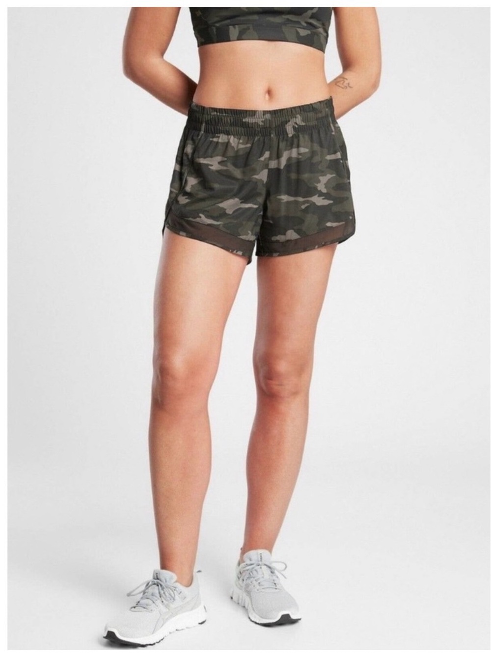 Athleta Mesh Racer Run Shorts 4in - Camo green
